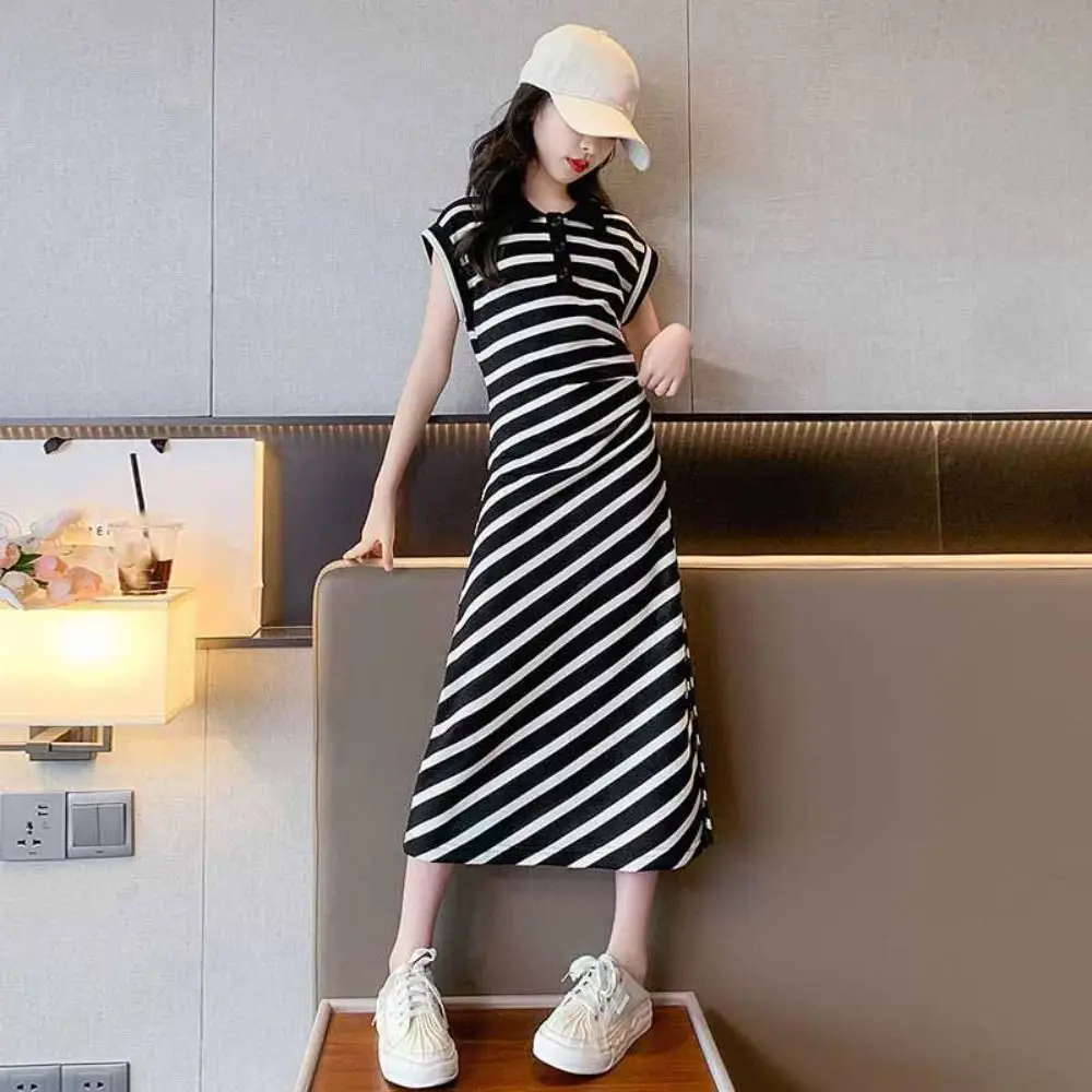 

Модное детское длинное платье принцессы в полоску с короткими рукавами, летние детские платья для подростков, юбка, праздничное платье в полоску для девочек, праздничное платье