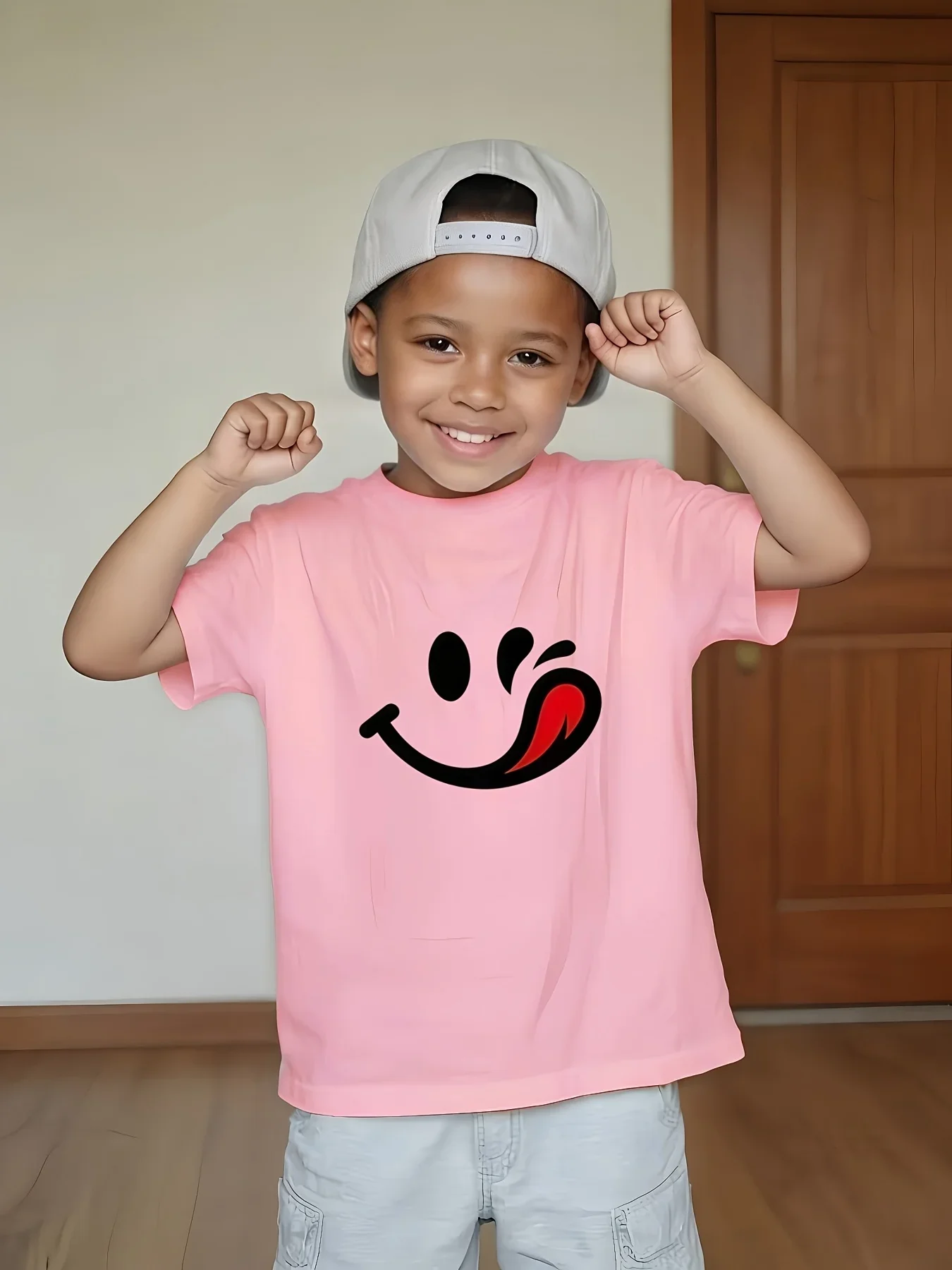 Funny Smiley Face Tongue Out Cute Cartoon Graphic Print T Shirt Family Matching Boys Girls Kids Casual Short Sleeve Tops