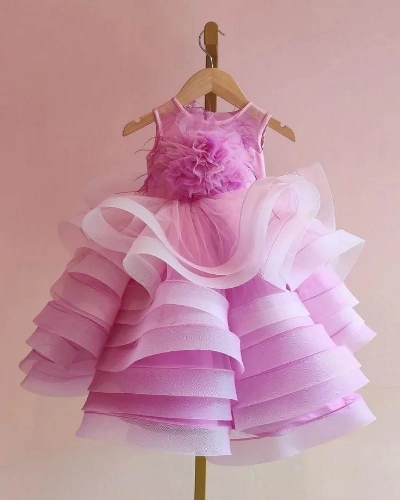 Vintage Pink Flower Girl Dresses Luxury Ball Gown Children Birthday Gowns Puffy Tiered Ruffles Little Girls Photography Dresses