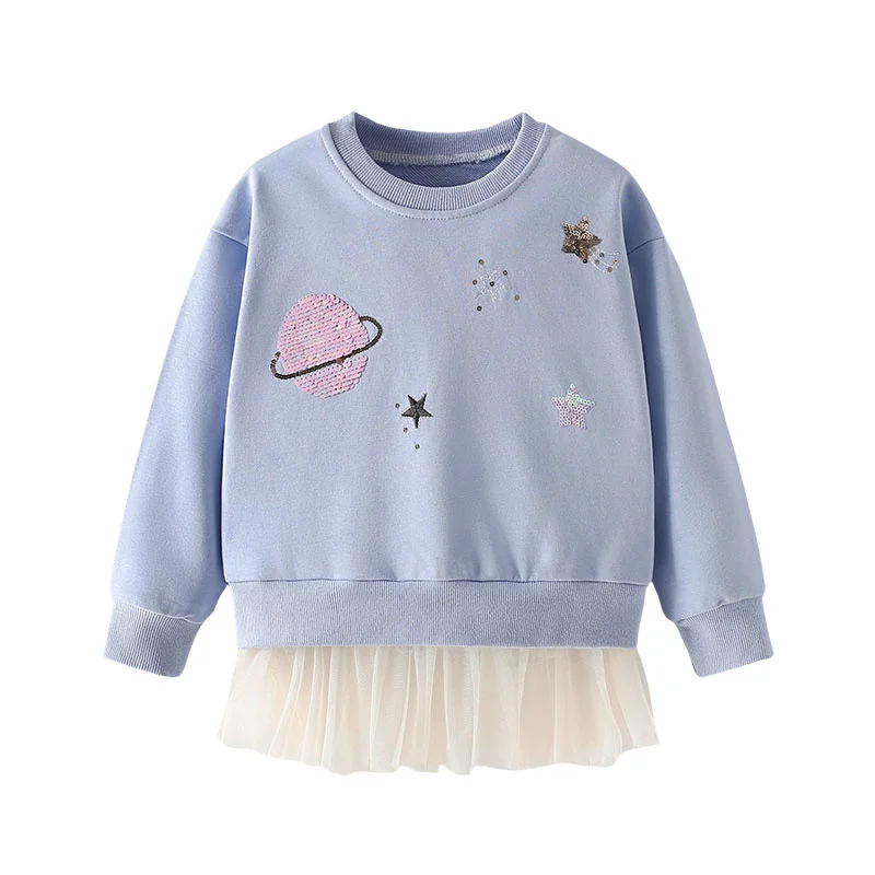 Jumping Meters New Arrival 2-7T Girls Shirts Baby Clothes Space Beading Sweatshirts Toddler Costume Mesh Hooded Shirts