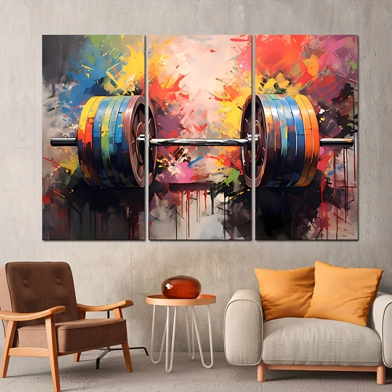 （NoFranme 3PCS）-3pcs Abstract Barbell Canvas Painting,Fitness Poster and Prints Gym Wall Art, Living Room Decoration Bedroom