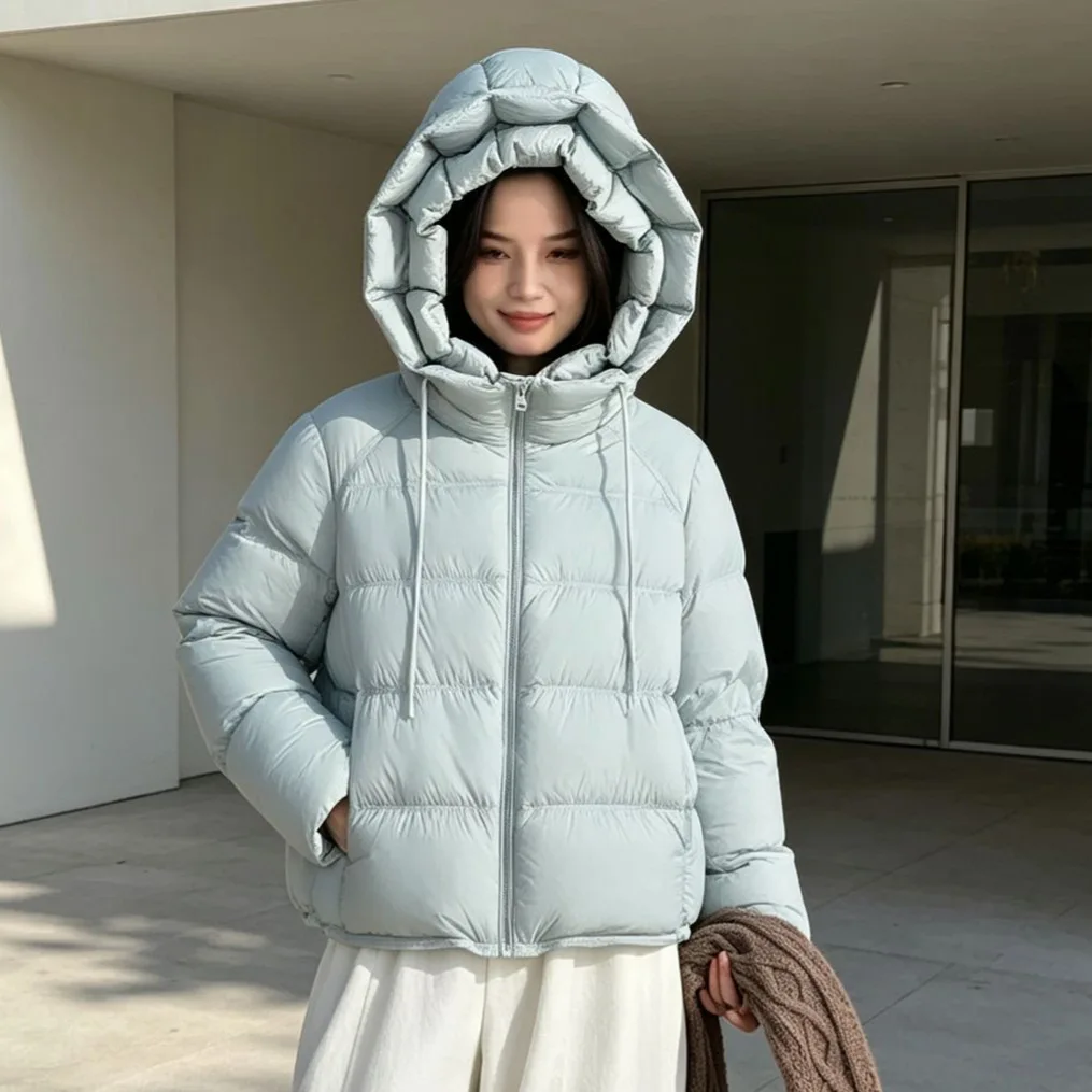 Winter Hooded Fluffy Bread Down Jacket Female Thicken Warm Loose Solid Jackets Women White Duck Down Zipper Parker Outwears