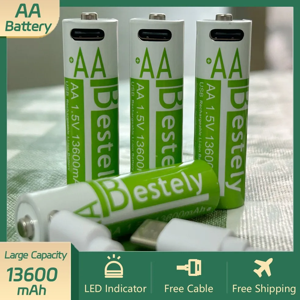 

Long Lasting 13600mAh AA Batteries High Capacity Rechargeable Li-ion Batteries with USB Type-C Charging Cables for Remotes,Toys