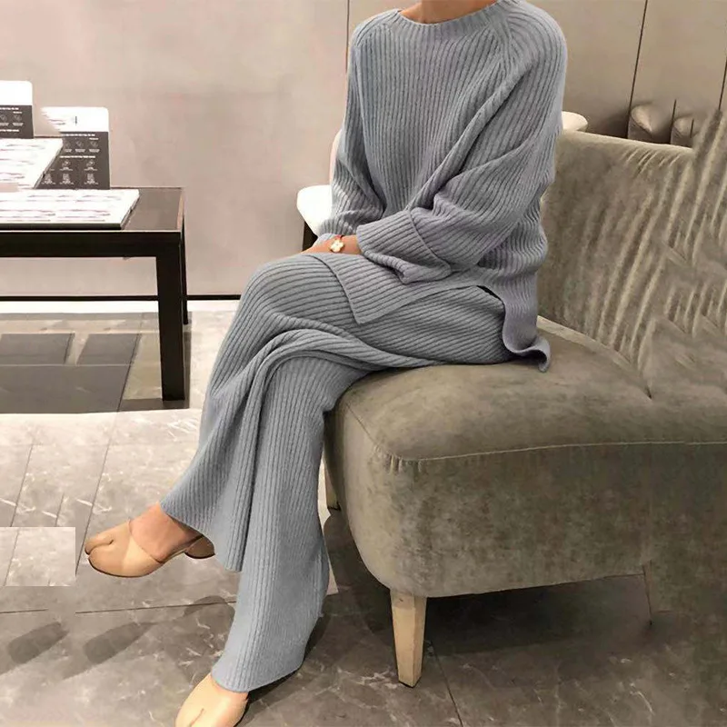 Ensembles de salon en tricot pour femmes, pull à manches longues, pull à col rond, pantalon de sport doux, basique, pur, simple, rue de la maison,