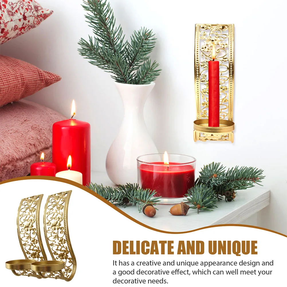 

2 Pcs Holder Hollow Wall Decoration Candlestick Small Holders Mounted Golden Metal