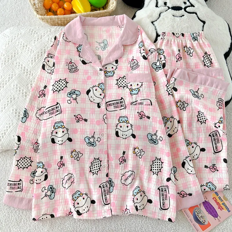 

New Anime Sanrio Long Pajamas HelloKitty Sweet Kawaii Print Pajamas Set Cartoon Casual Sleepwear Pajamas Sets Autumn Winter New