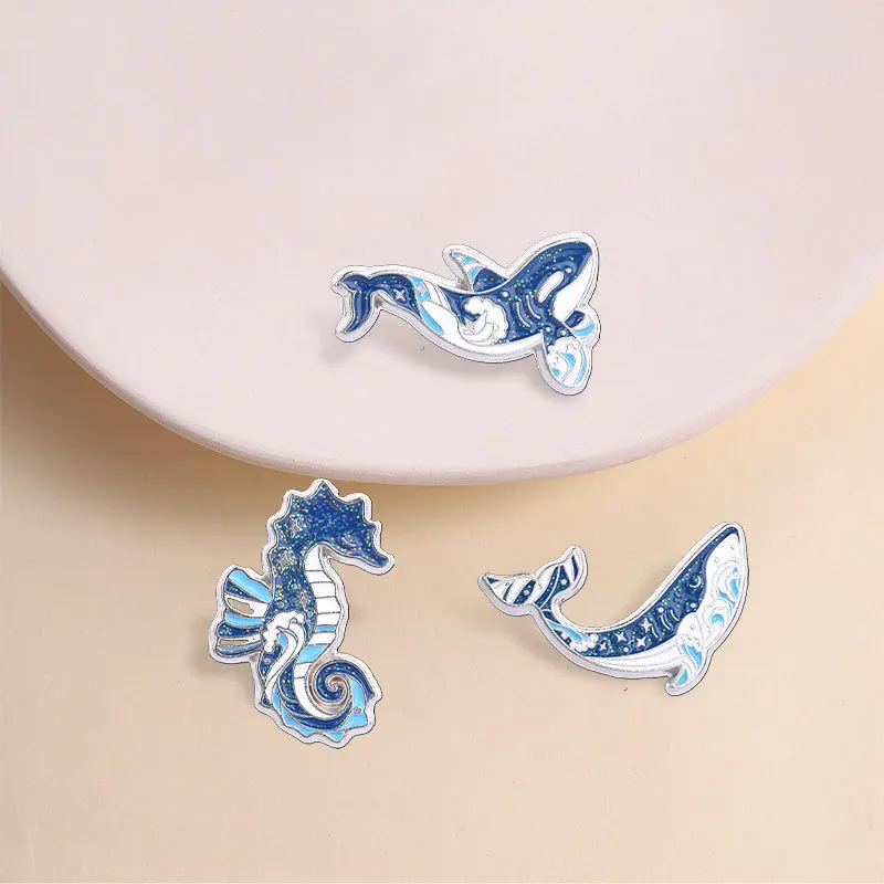 Animal Brooches Cartoon Blue Starlight Seahorse and Killer Whale Shaped Metal Badges Small Accessories Wholesale Brooch Cap Pin
