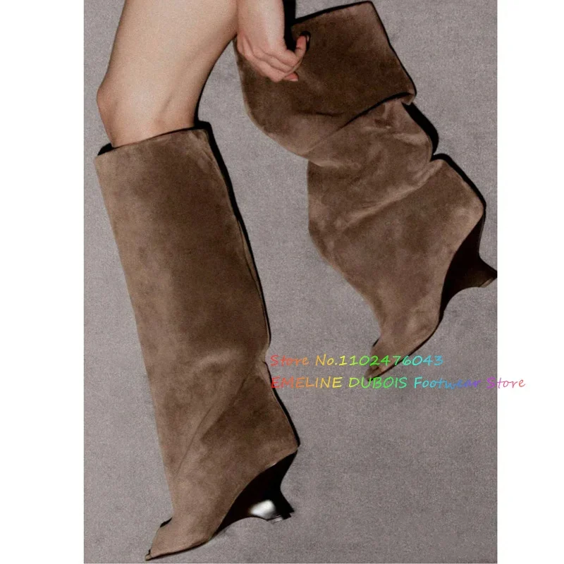 Fish Mouth Strange Heel Knee High Boot for Women Beige Suede High Heel Slip On Comfort Banquet Party Dress 2024 Winter Boot
