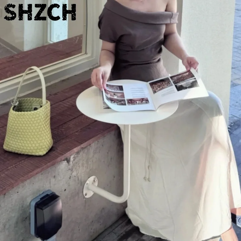 Modern Cream Wal-Mounted Round Table Stylish Cafe Booth Table Trendy Bubble Tea Shop Wal Shelf Portable Installation Business