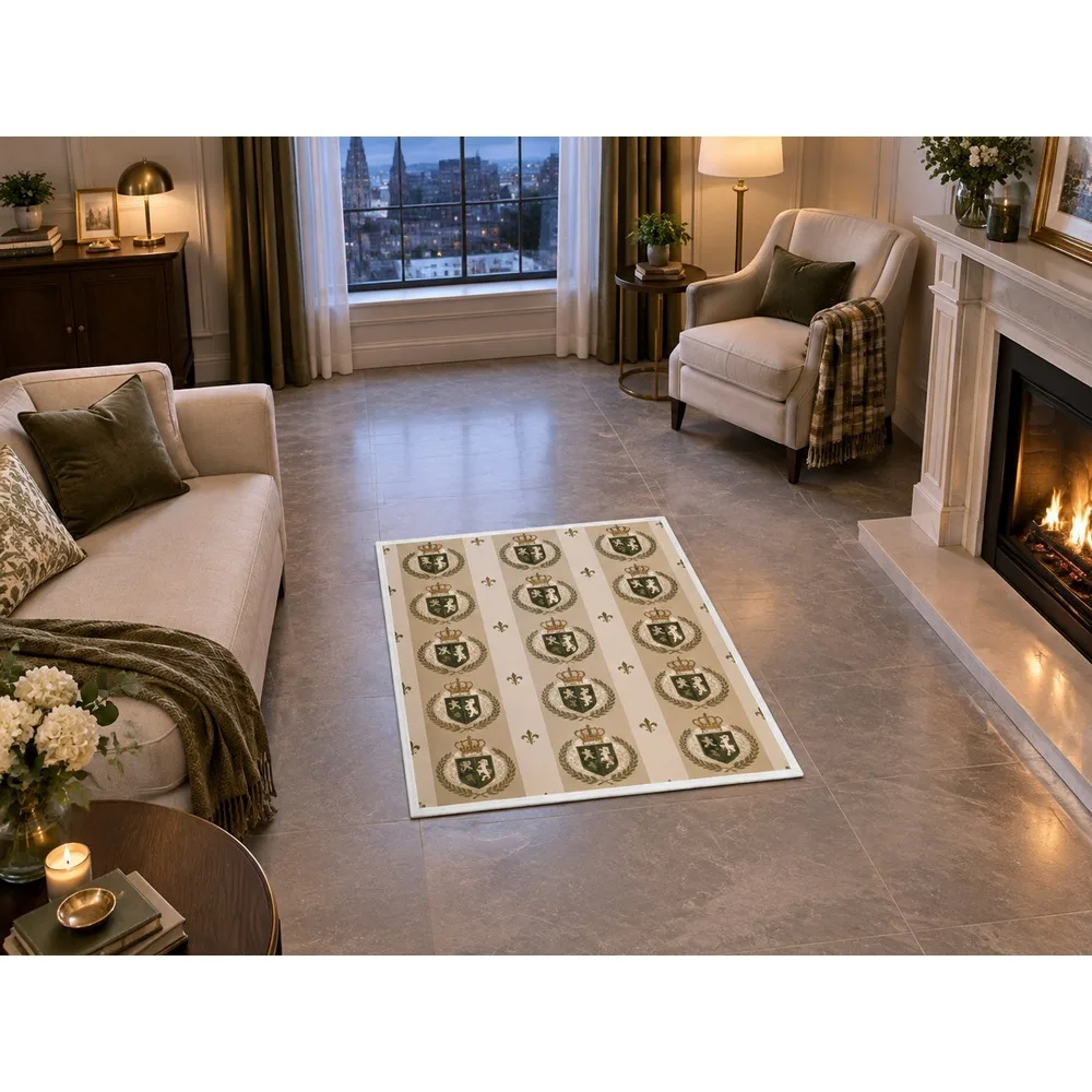 VIKAMA British Oat Olive Heraldic Crest Flannel Door Mat, Soft Washable Hallway Mat, UK Home Decor for Snug, Landing, Pantry
