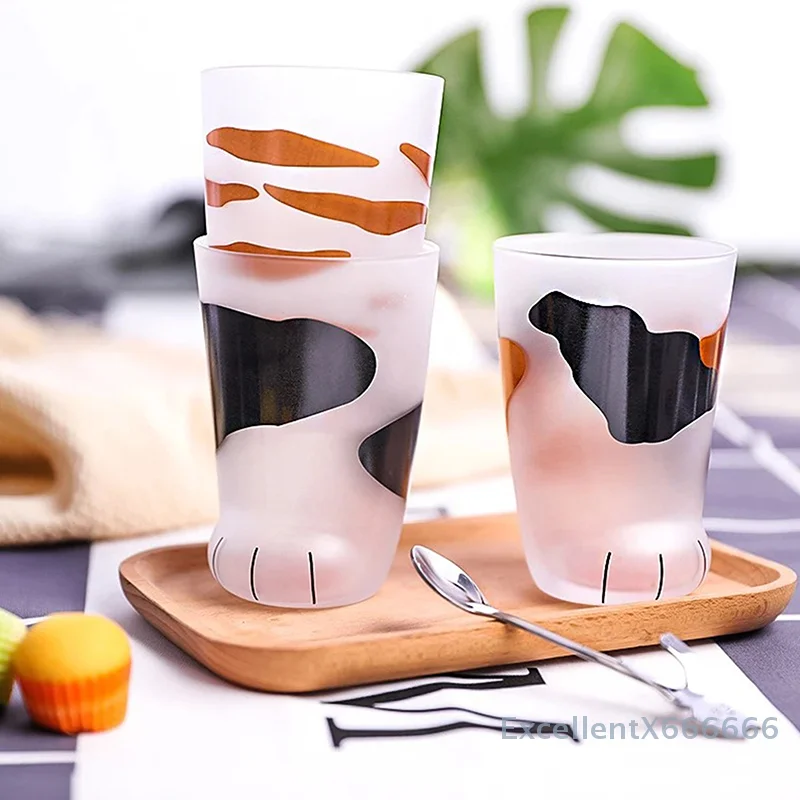 

Cute Cartoon Cat Paw Water Bottle Milk Juice Frosted Drinking Cold Drink Mug Coffee Cup Animals Glass Cup 300ML Creative