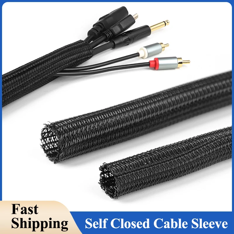 1/2/5/10/50m Black Self-Closed Cable Sleeve 3mm ~ 60mm PET Braided USB Cable Power Cord Insulated High Protection Split Sleeving
