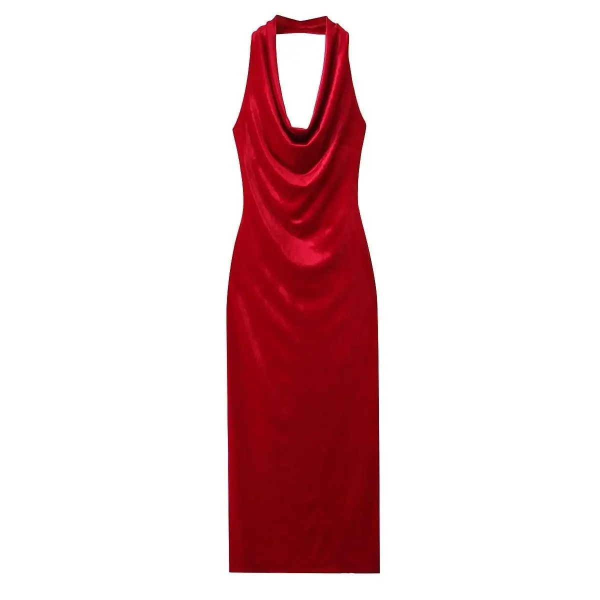 Women Halter Backless Velvet Dress Swinging Collar Split Red Dresses