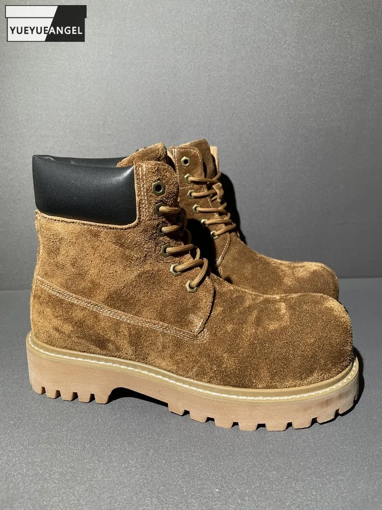 

Autumn Winter Men Handmade Cow Suede Leather Brown Mid Heel Shoes Thick Platform Work Lace Up Fashion Male Wear Resistant Boots