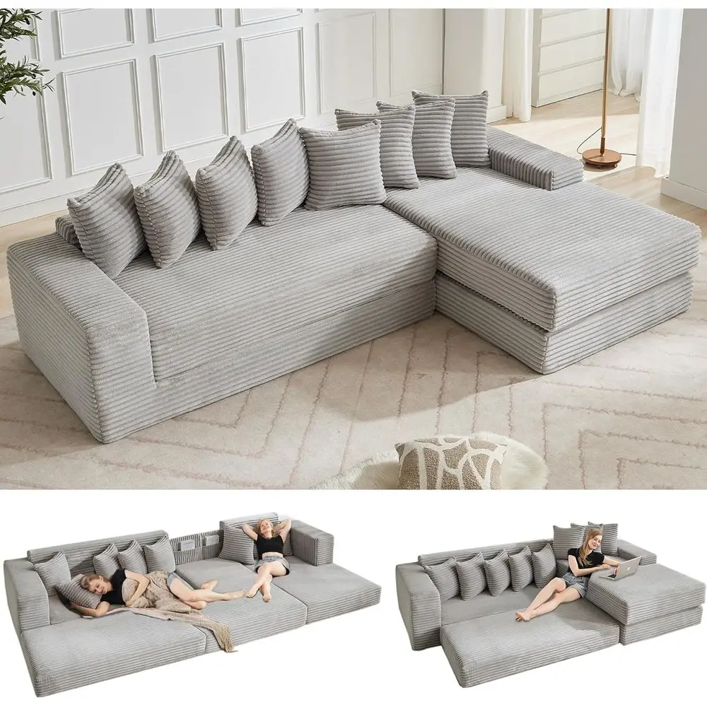 

Oversized L-Shaped Convertible Sofa Bed with Corduroy Sectional, 8 Pillows, Storage, Ideal for Small Spaces, Light Grey Chaise