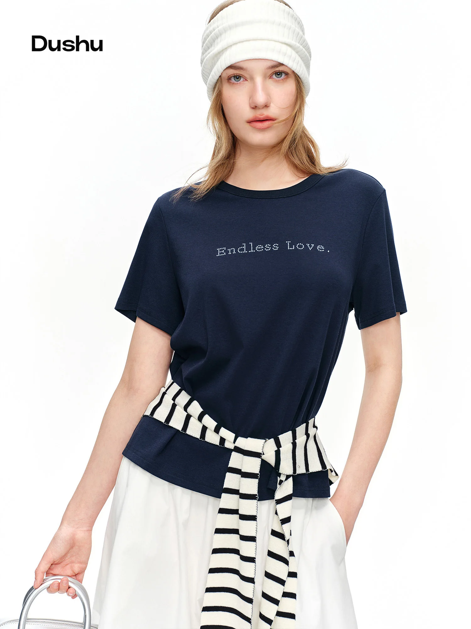 DUSHU Casual Simple Crew Neck Letter T-Shirt New 2026 Summer Style Women Trendy All-Match Top Stylish Daily Short Sleeve