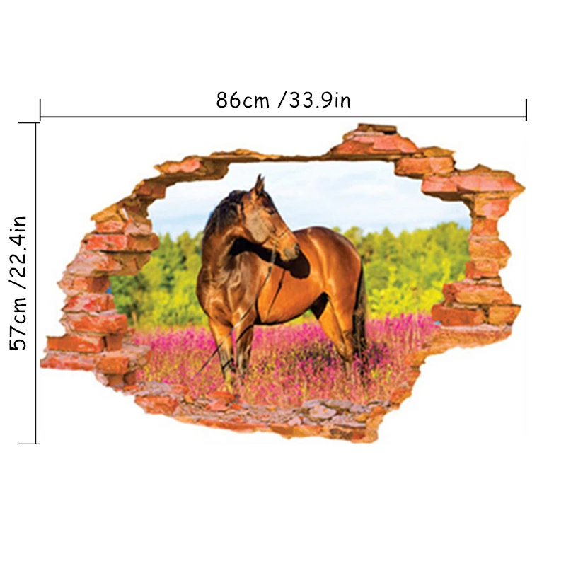 3D Pretty Horse Broken Wall Creative Stickers Grassland Scenery Vinyl Mural Home Decorations Animal Landscape Poster Wallpaper