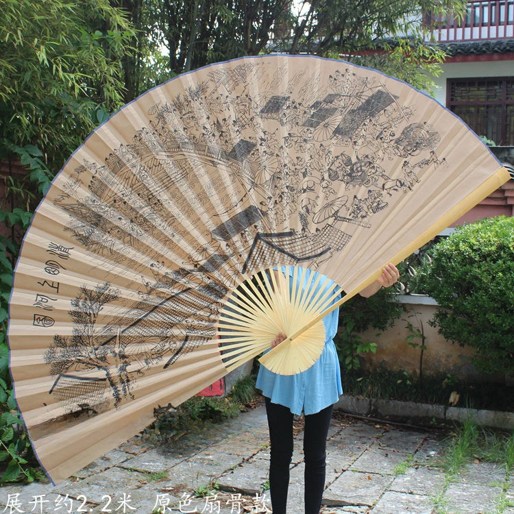 Chinese style retro decorative large fan, large hanging fan, Qingming Shanghe Tu silk cloth