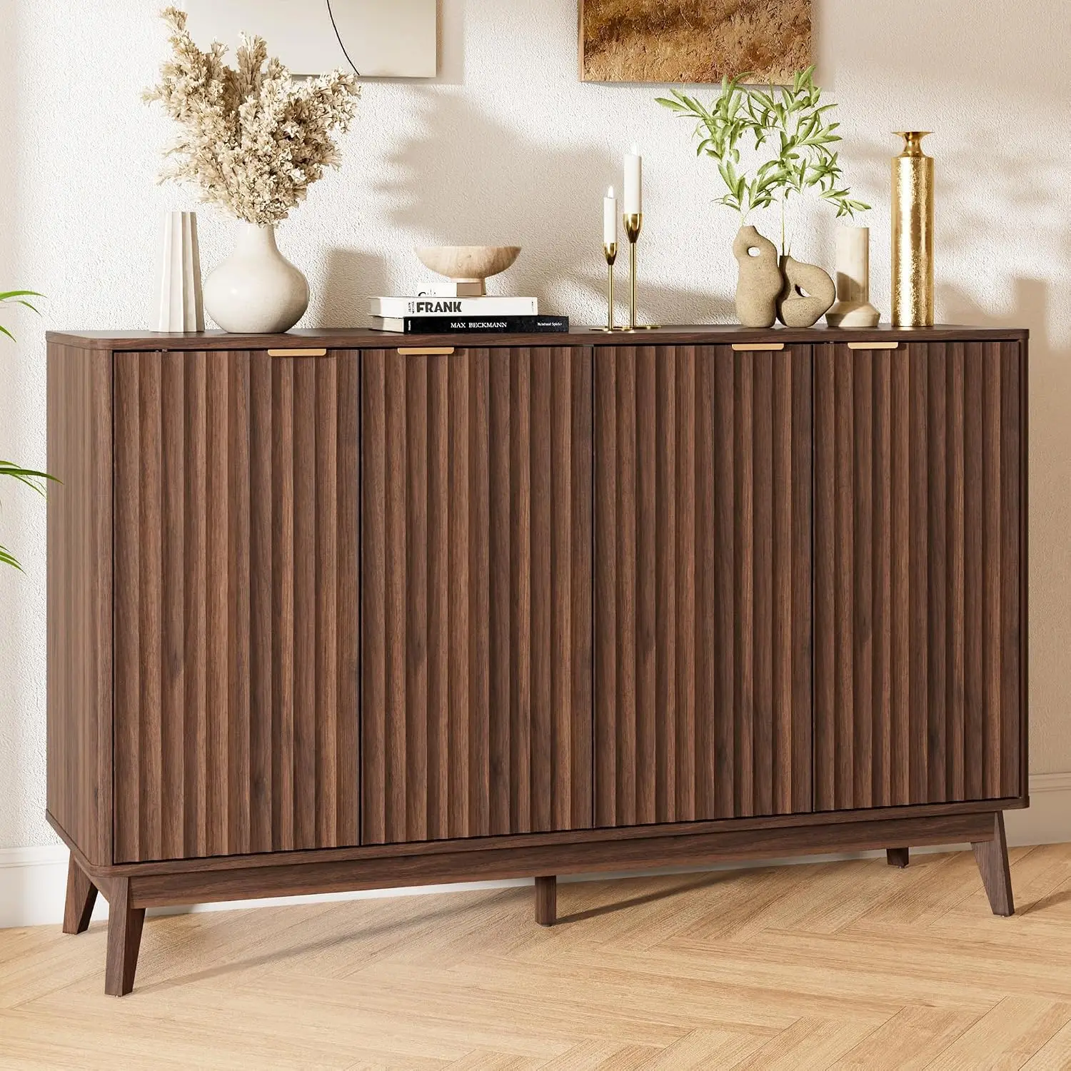 Walnut Buffet Cabinet with Storage Adjustable Shelf Doors Fluted Sideboard for Kitchen Living Room Entryway 55