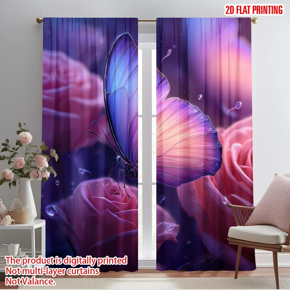 

2pcs 2D flat printing Curtains Blue Butterfly Pink Roses Polyester Without Electricity Party Decorations Perfect for All Season