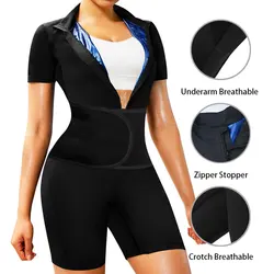 3-In-1 Full Body Jumpsuit Sauna Sweat Suit For Women Weight Loss Mock Neck Short Sleeve Shorts Workout Sweat Shirt Body Shaper