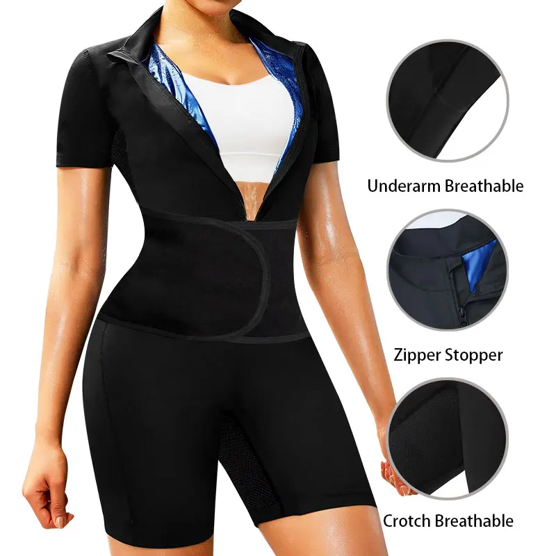 Kombinezon 3 w 1 na całe ciało Kombinezon do sauny dla kobiet Utrata masy ciała Mock Neck Spodenki z krótkim rękawem Trening Bluza Body Shaper