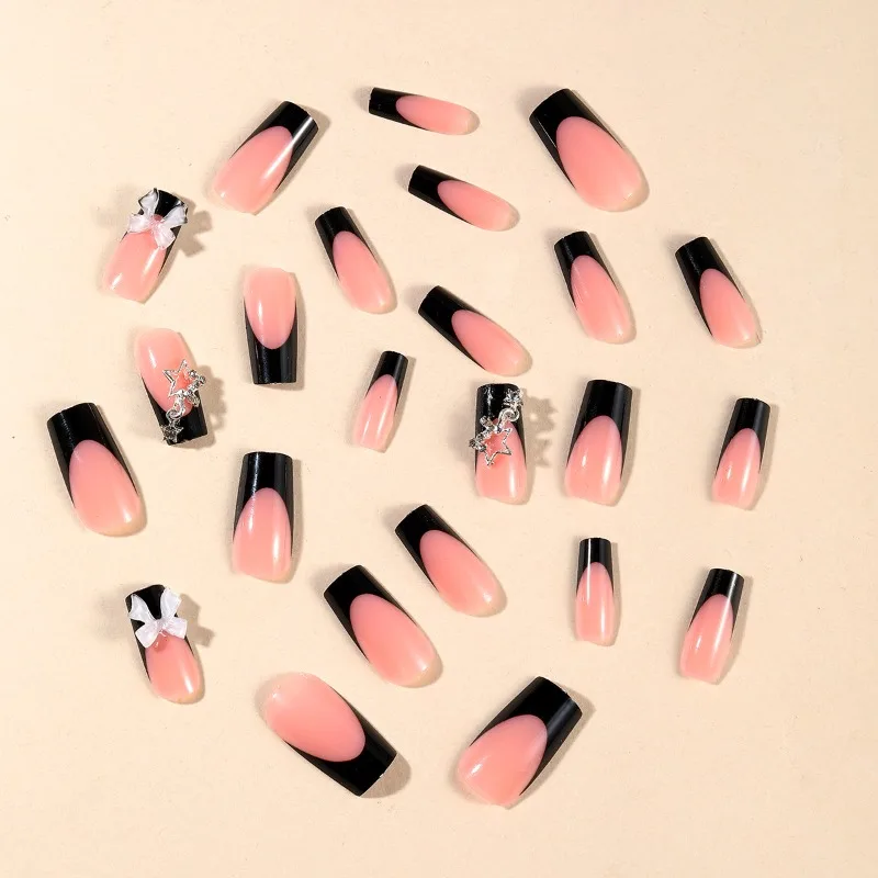 24pcs Summer Long Presss on Nails Cheap Minimalist Press Nails Glossy 3d Bow Decorated False Nail Removable Solid Black French view 3