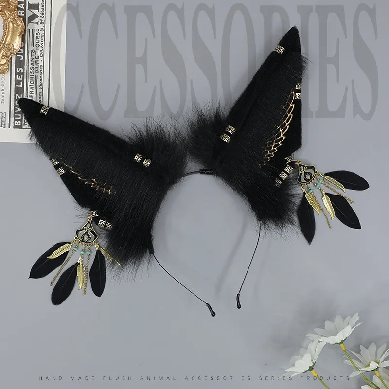 Women Gothic Punk Hair Hoop Wolf Ear Headband Hand-made Simulation Animal Ears Headband Lolita Cosplay Anime Halloween Headwear