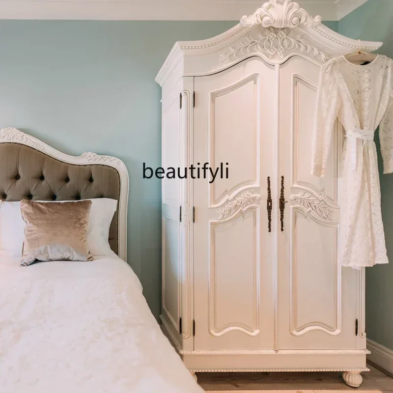 

45Solid wood wardrobe American retro carved old double door wardrobe bedroom white storage cabinet