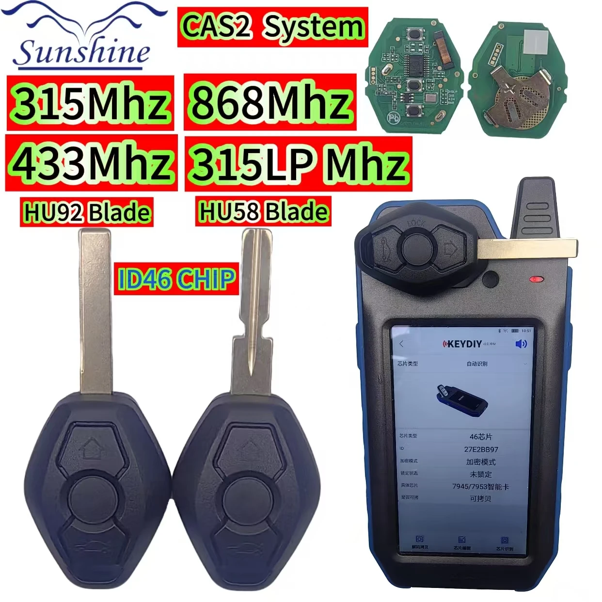 

2PCS Car Key 315LP MHZ 315MHz 434MHZ 868MHZ 3 Buttons PCF7945/7953 ID46 Chip For BMW CAS2 5 Series E46 E60 E83 E53 E36 E38