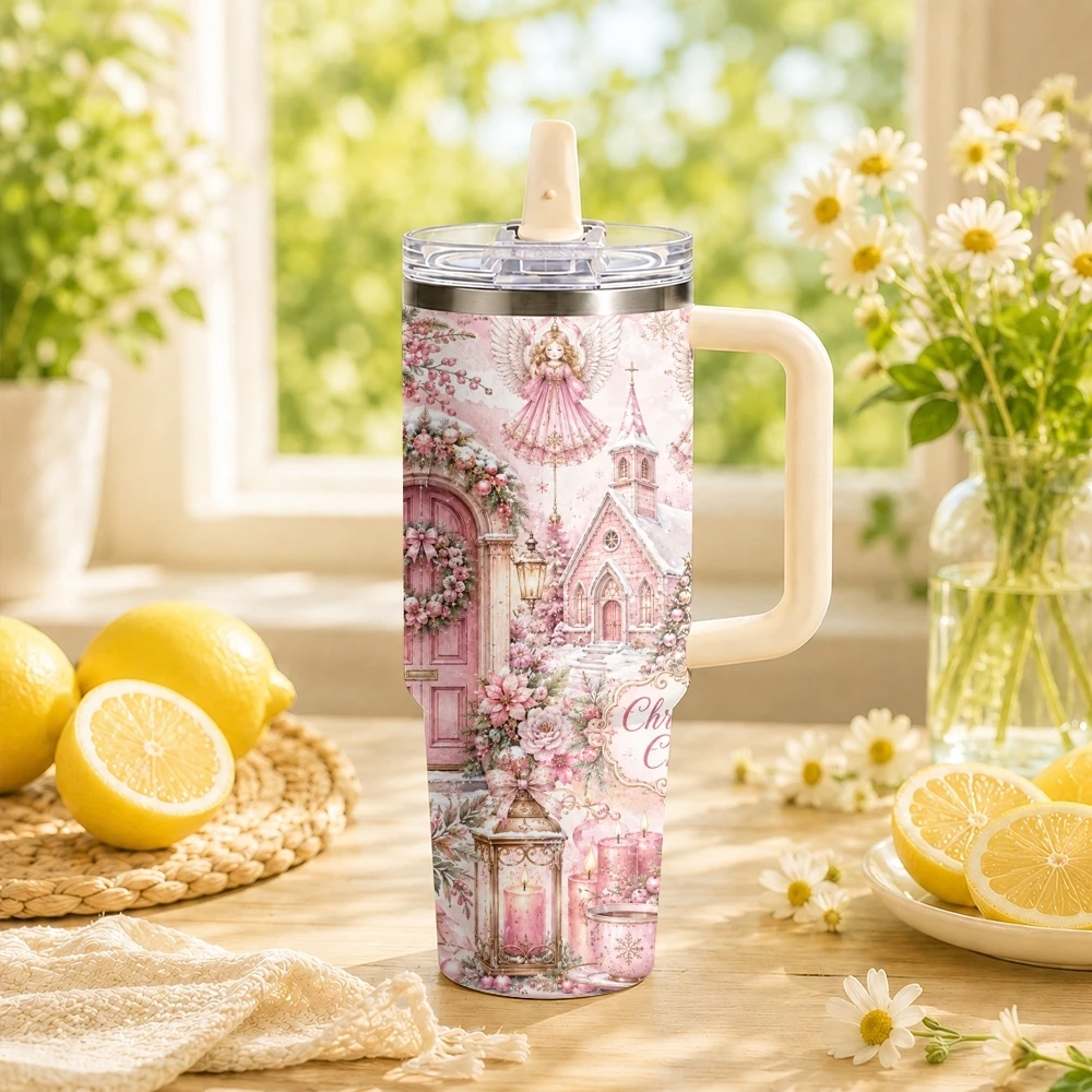 Pink Christmas Santa Vacuum Flasks 40oz Stainless Steel Insulated Tumbler Leakproof Vacuum Travel Mug Portable Coffee Cup