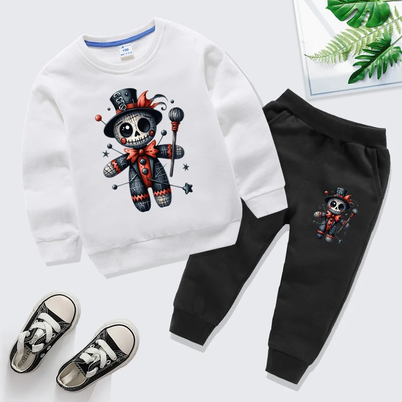 Horror Scarecrow Pattern Boys Girls Sweatshirt Gothic Halloween Round Neck Pullover Fashion Street Hoodie Matching Pants 2pc Set