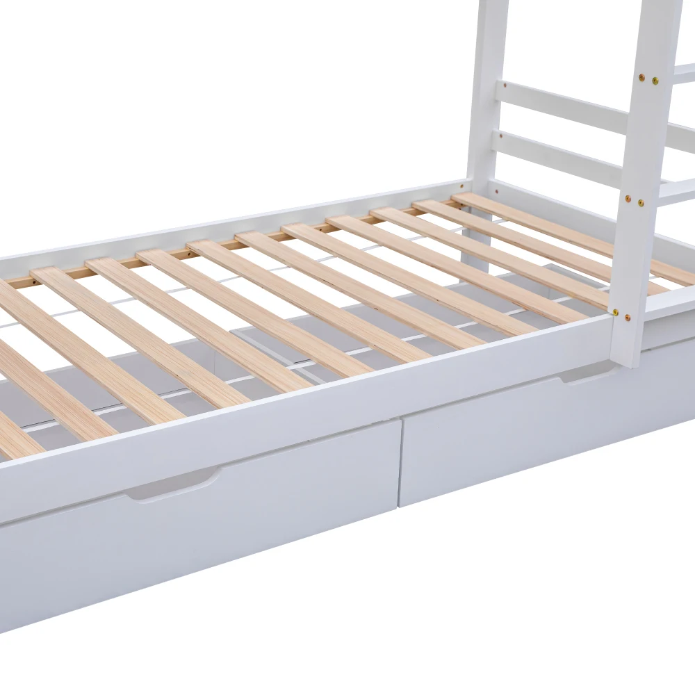 PINGGO Etagenbett mit Schubladen, Regalen, Hausbett, 3-stufige Leiter, Kiefernholzrahmen, Weiß, 90x200cm, Kinderbett mit Fallschirmgitter – Detail 20