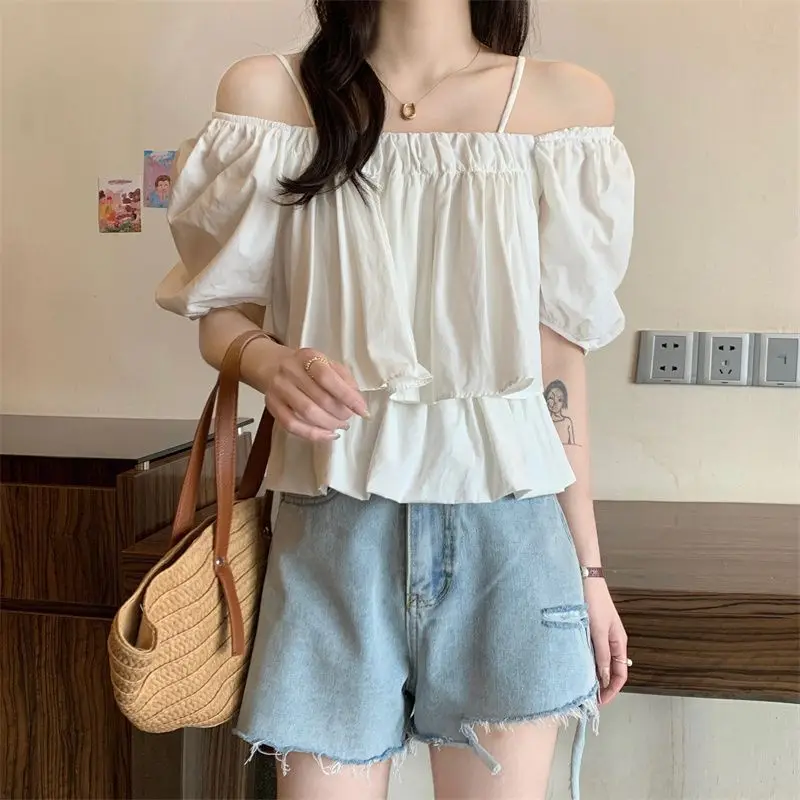 Chic Women Short Sleeve Blouse Summer Clothes 2024 New Korean Popular Style Female Casual Loose Off Shoulder Layered Cami Tops