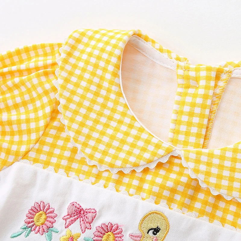 Summer Sweet Infant Baby Girls Short Sleeve Grid Embroidery Rompers Newborn Kids Baby Girls Clothes Rompers