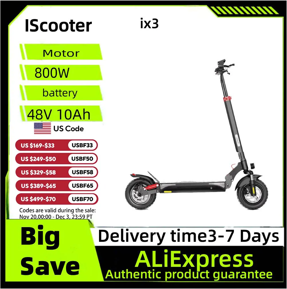 

Iscooter IX3 Electric Scooter for Adults 800W Motor 48V 10AH Foldable Electric Scooter 10 Inch Tires City Electric Scooter