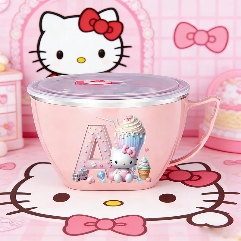 

HelloKitty Sanrio Girl Instant Noodle Bowl Kawaii Large Capacity Stainless Steel Bowl Cute Letter Print Food Container Lunch Box