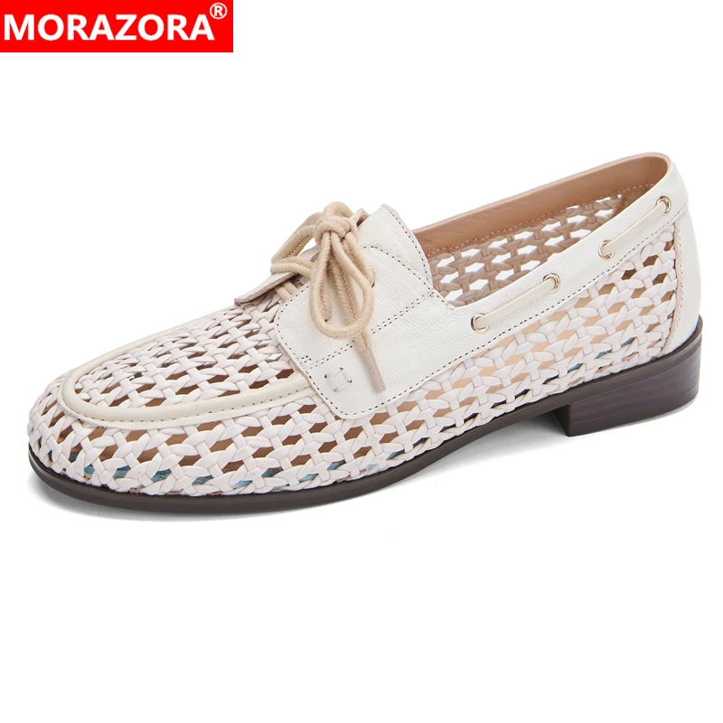 

MORAZORA 2026 New Genuine Leataher Shoes Women Lace Up Low Heels Round Toe Cut Outs Hollow Summer Shoes Ladies Loafers