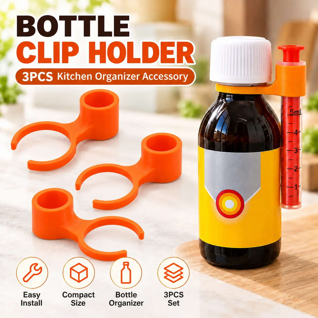 3PCS Bottle Clip Holder Syringe Dispenser Mount Stand for Kitchen Bar Syrup Sauce Liquid Bottle Organizer Storage Accessory