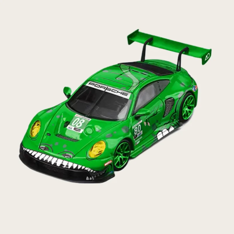 Model Porsche 911 GT3 R 80, odlew ze stopu, skala 1/64, SR Diecast #   Zielone pojazdy zabawkowe dla chłopców, prezent, oryginalne opakowanie