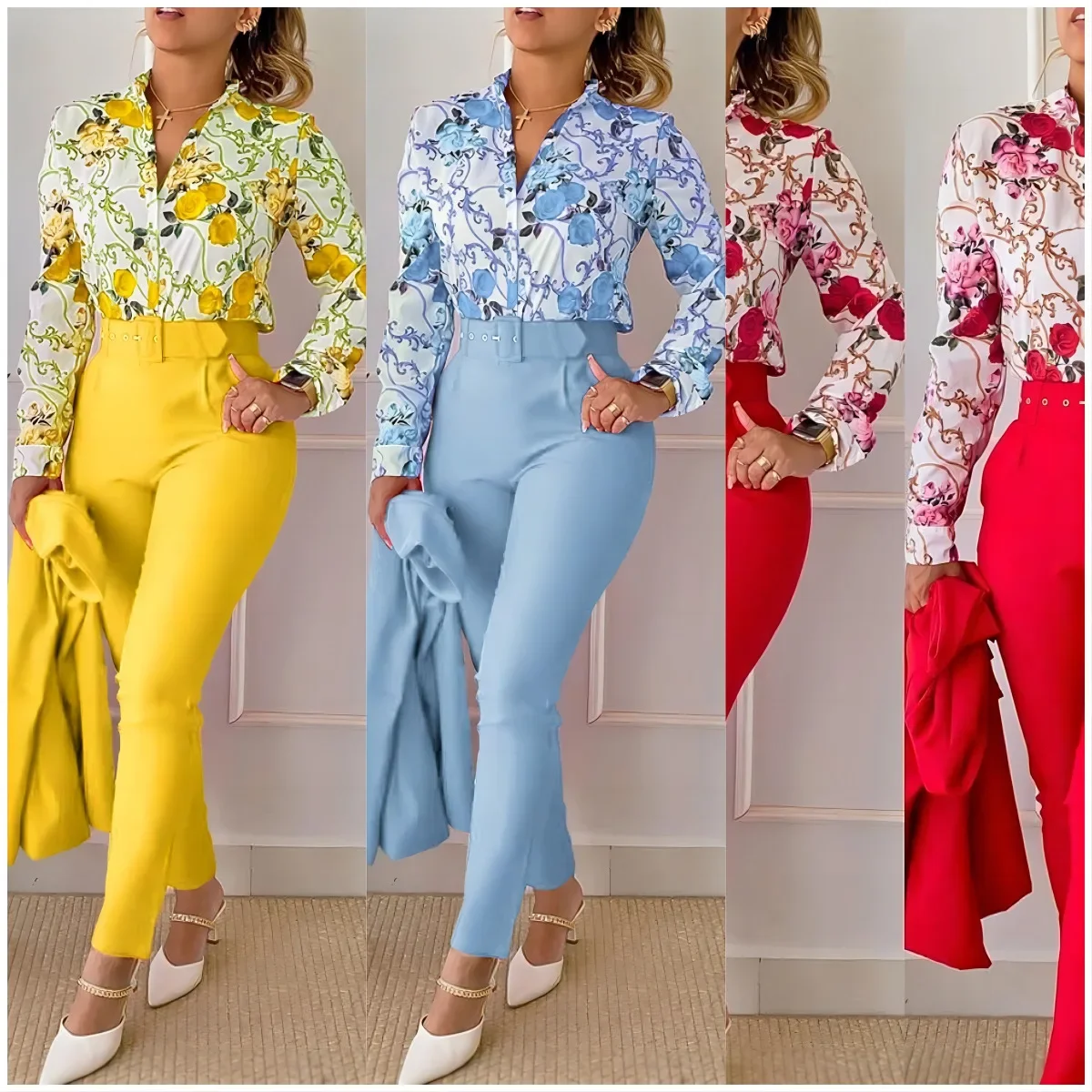 

Fashion Print Two Piece Sets Autumn Women Outfits Elegant Office Lady Single Breasted Long Sleeve Top Work Pants Casual Suit