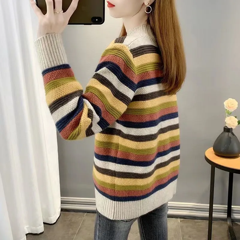 Half-neck Striped Sweater Women's New Female Clothing Autumn Winter 2025 Loose Coat Knitwear Bottoming Undershirts Jacket