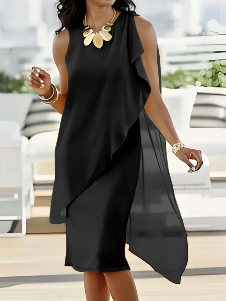 Gaun Midi Tanpa Lengan Sifon Tidak Beraturan Elegan Musim Panas Gaun Longgar Leher-o Solid Kasual Fashion Wanita Gaun Pesta Wanita Kantor