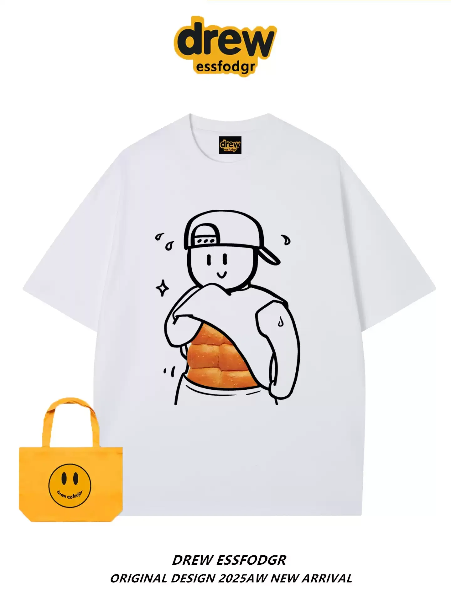 Unisex Summer Loose Pure Cotton Short-Sleeve T-Shirt with Fun American-Style Bread Abs Print