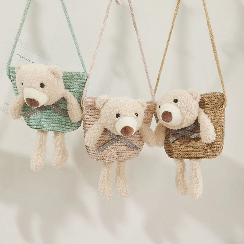 

Летние детские сумки через плечо с милым медведем, тканые соломенные сумки-мессенджеры для принцессы для девочек, дорожные пляжные детские сумки на плечо, кошелек для монет