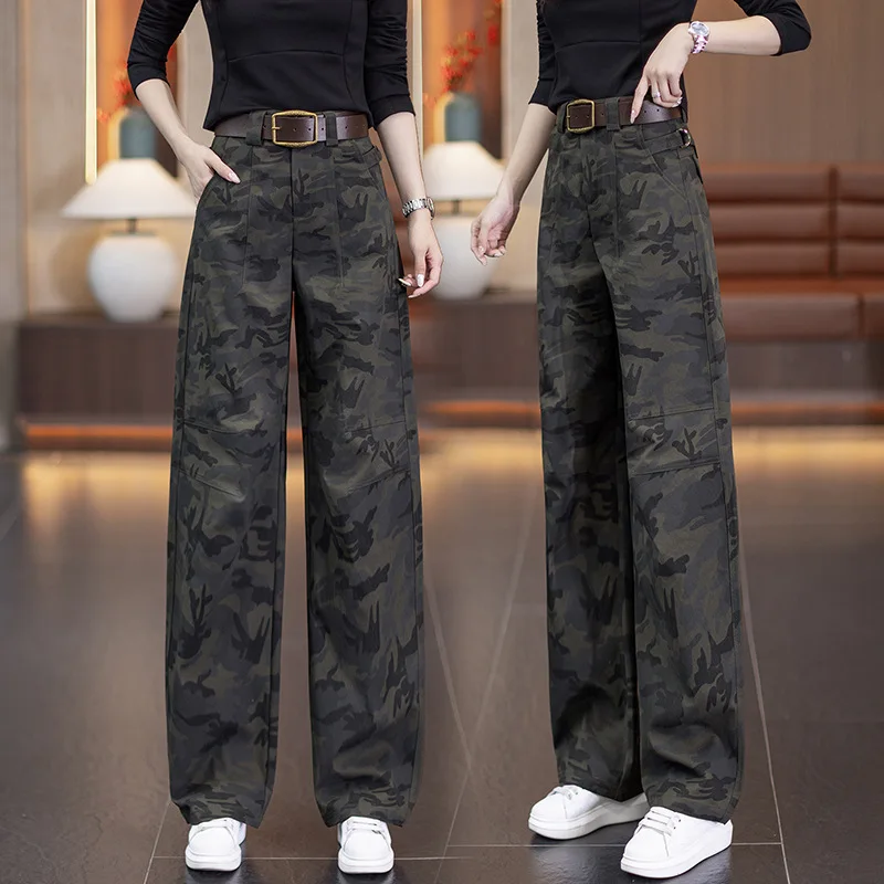 

Camouflage Cargo Knife Wide-Leg Pants for Women, Autumn New High-Waisted Slimming Loose Straight-Leg Hiking Pants, Casual Pants