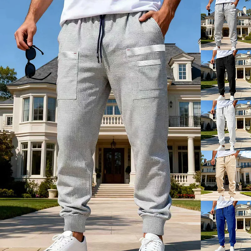 Spring and Autumn Men's Loose Waffle Casual High Street Outdoor Sports Commuter Hip Hop Tooling Breathable Sweatpants