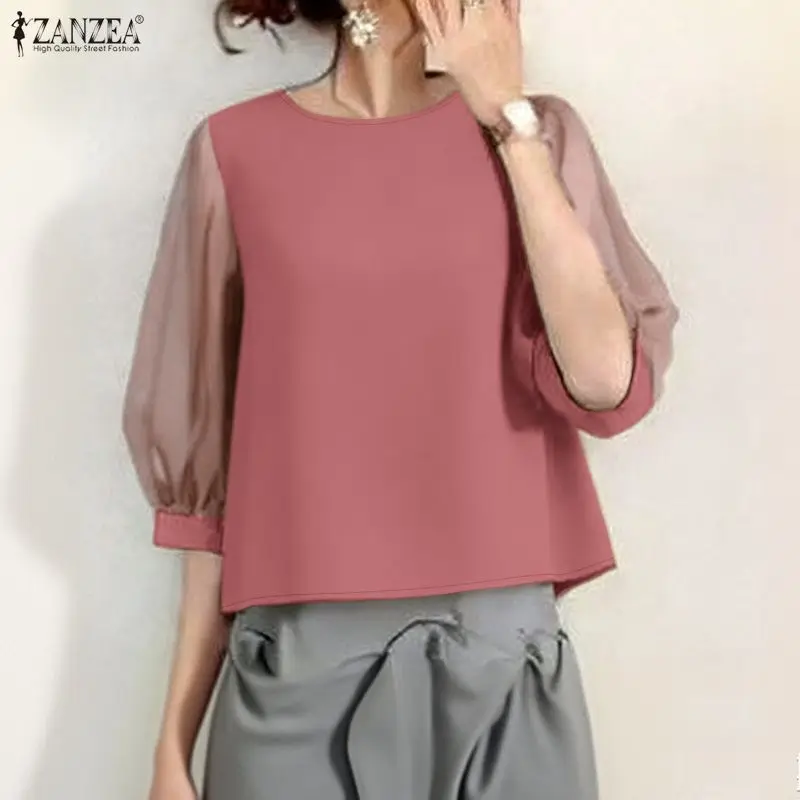 

ZANZEA Elegant Women Blouses Summer Spring 3/4 Sleeve Tops See-through Transparent Mesh Sleeve Patchwork OL Work Tee Blusas