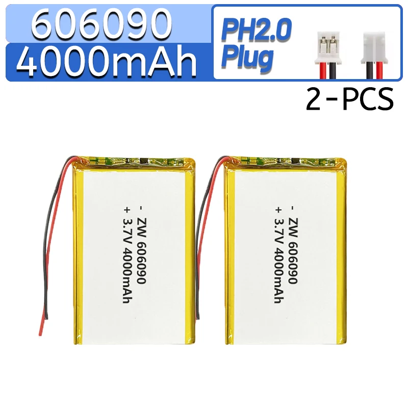 3.7V 4000mAh 14.8Wh Rechargeable 606090 Li Polymer Cell JST1.25 PH2.0mm 2P Connector For GPS Bluetooth Speaker