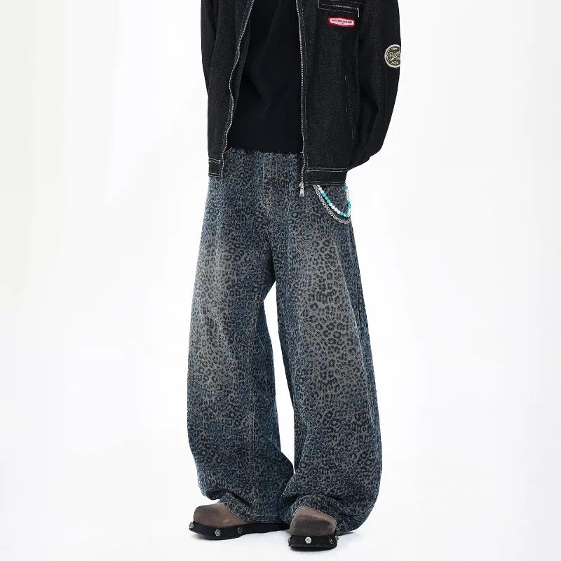 Men Loose Casual Streetwear Fashion Wide Leg Leopard Denim Jeans Machete Pants Women Net Celebrity Harem Scimitar Jeans Trousers